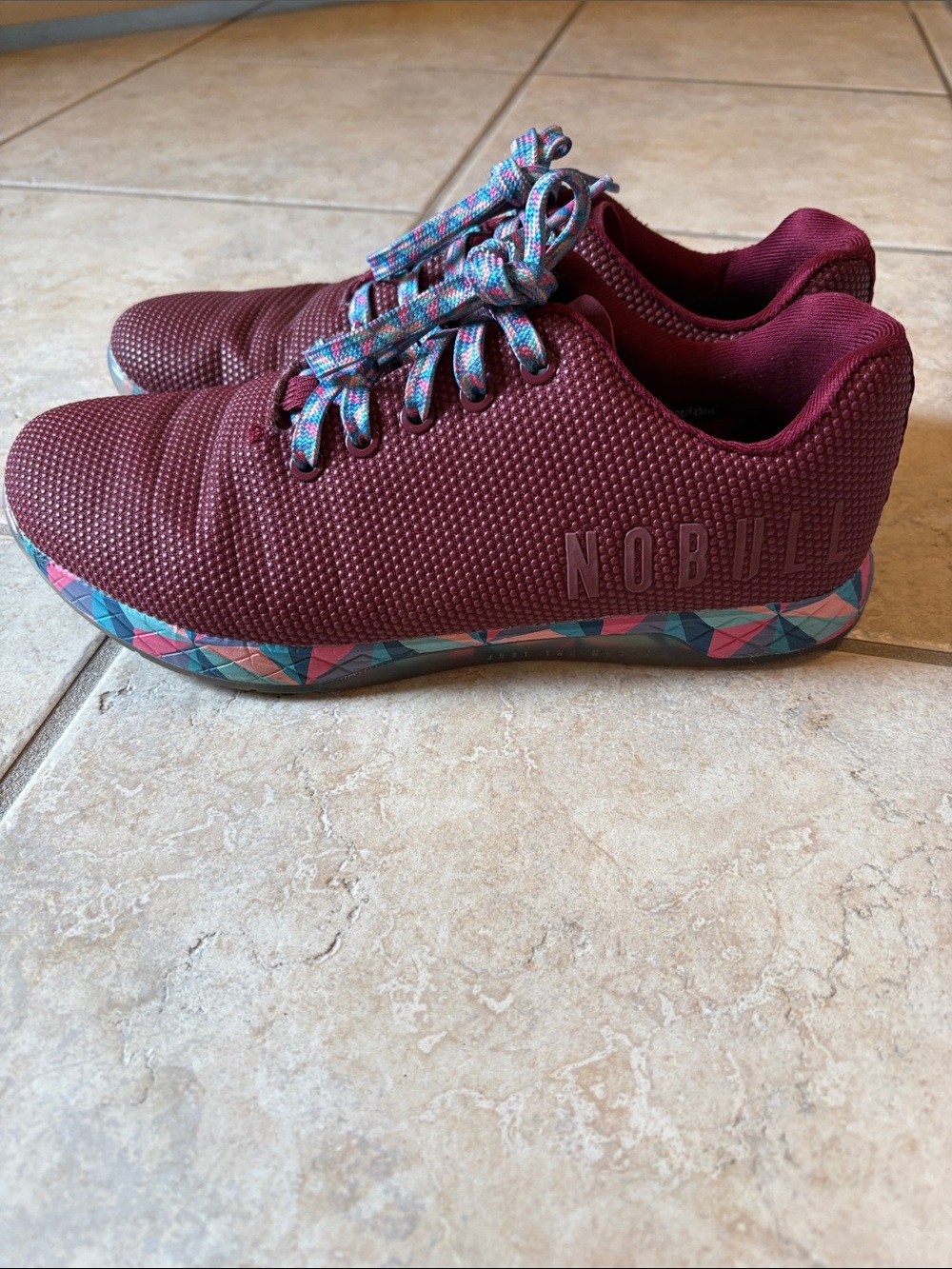 NOBULL Burgundy Athletic Shoes with Multicolor Geometric Sole
